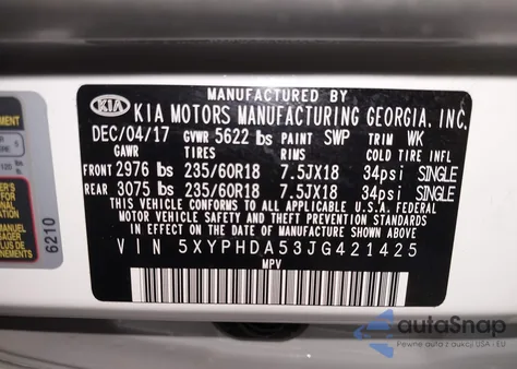 2018 Kia Sorento 3.3L Ex z USA, uszkodzony, nr VIN 5XYPHDA53JG421425